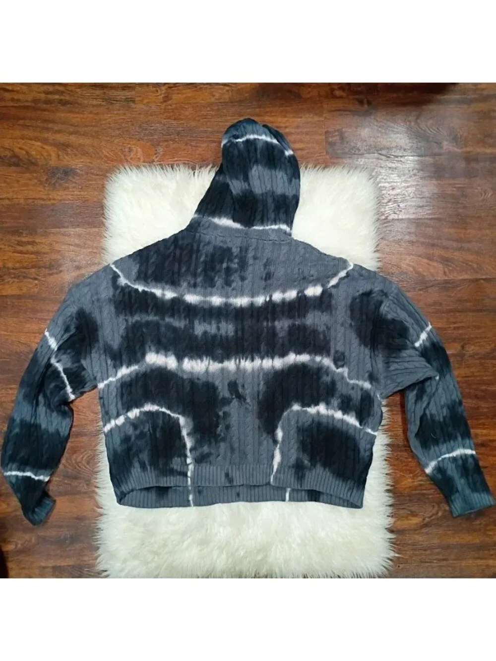 MNML Mens Tie Dye Cable Knit Hoodie Black  M Cotton Cropped Oversized Fit New Wi - Picture 13 of 13